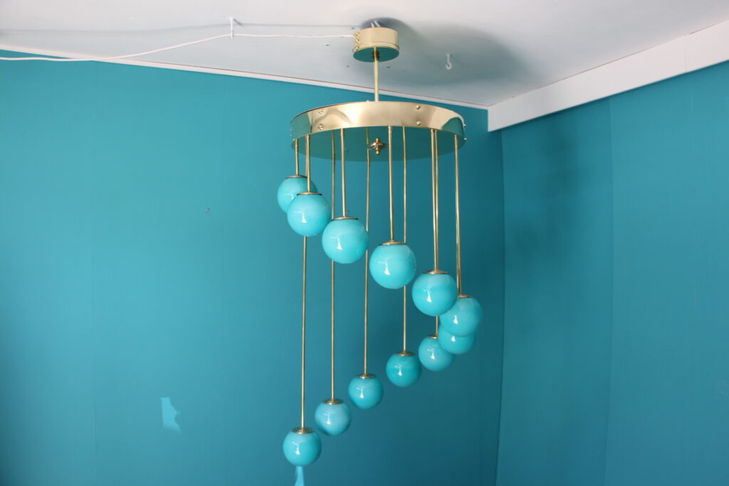 Midcentury Long Chandelier Turquoise Blue Murano Glass, Staircase Chandelier