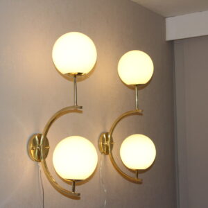 Italian Modern Midcentury Pair of Brass and White Glass Sconces