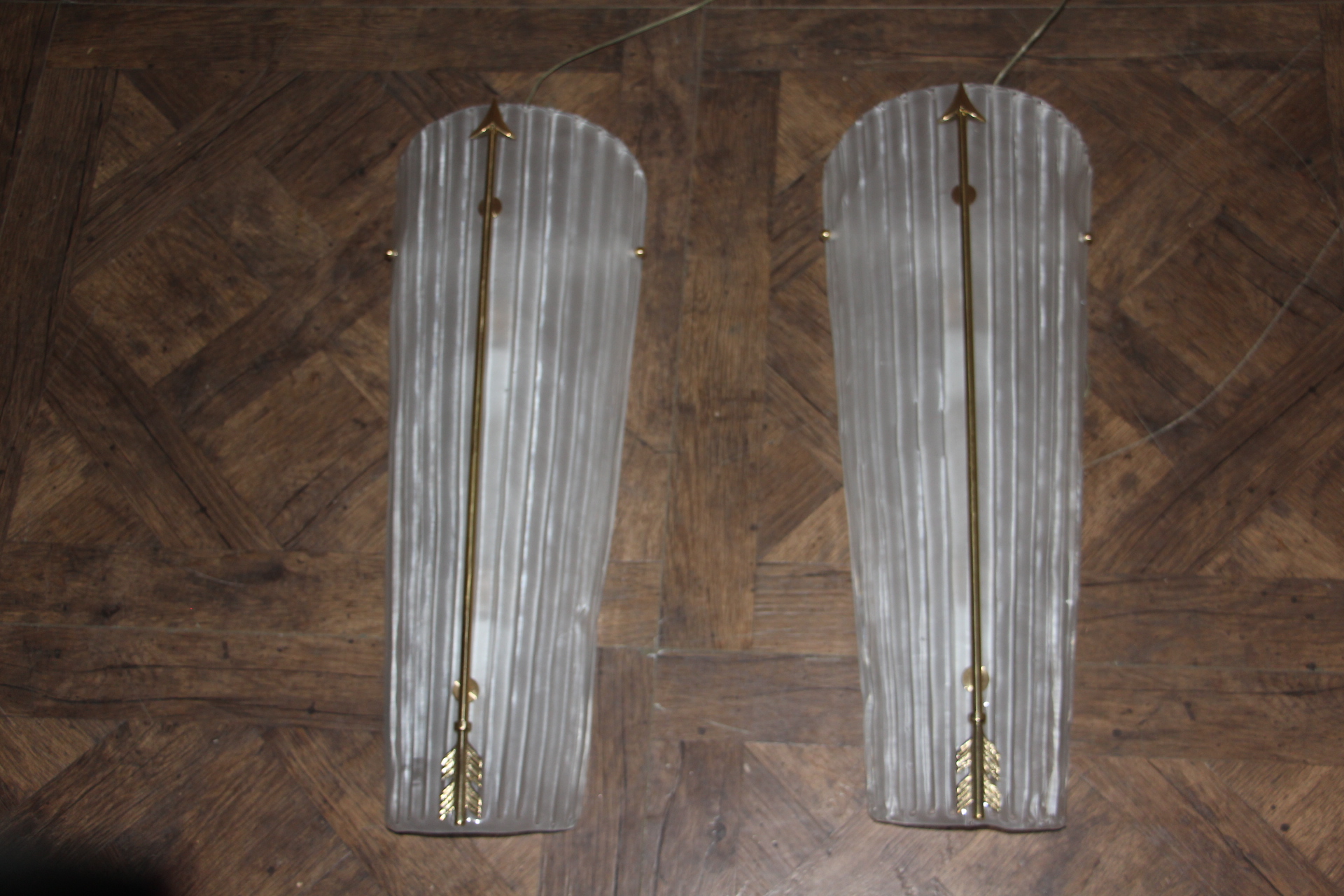 Tall Mid-Century Modern Pair of Sconces in Brass and White Murano Glass