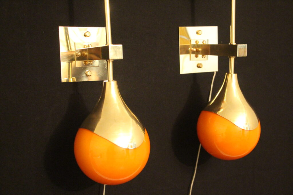 Orange Murano Glass and Brass Wall Sconces