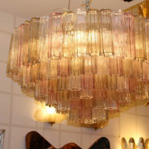 Pink, White and Amber Color Venini Style Tronchi Round Chandelier, Murano Glass