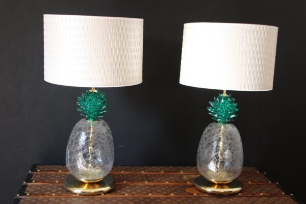 Large Pair Of Pineapple Table Lamps in Emerald Green Murano Glass