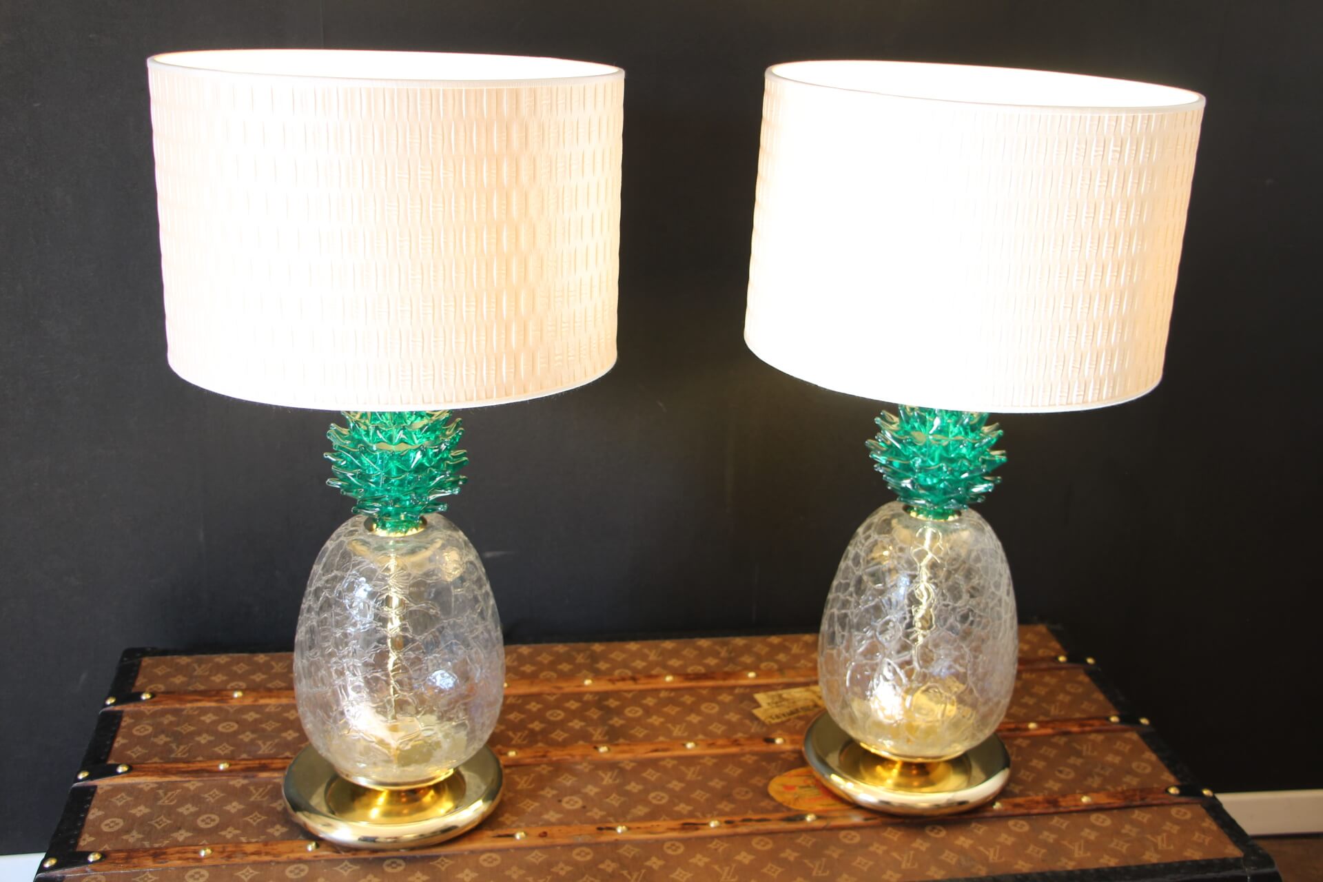 Large Pair Of Pineapple Table Lamps in Emerald Green Murano Glass