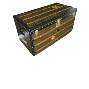 Front view of a 1920s trunk you can buy: an antique Louis Vuitton Monogram Steamer Trunk with brown canvas, black lozine trim, and polished brass hardware.